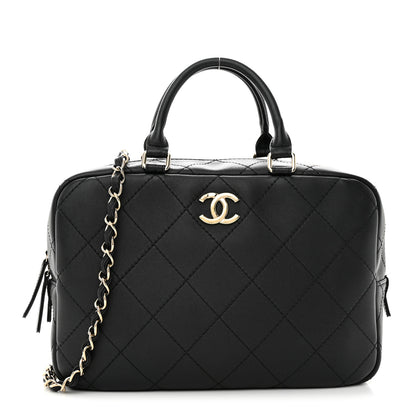 Chanel Calfskin Diamond Stitched Top Handle Bowling Bag Black 1 of 10