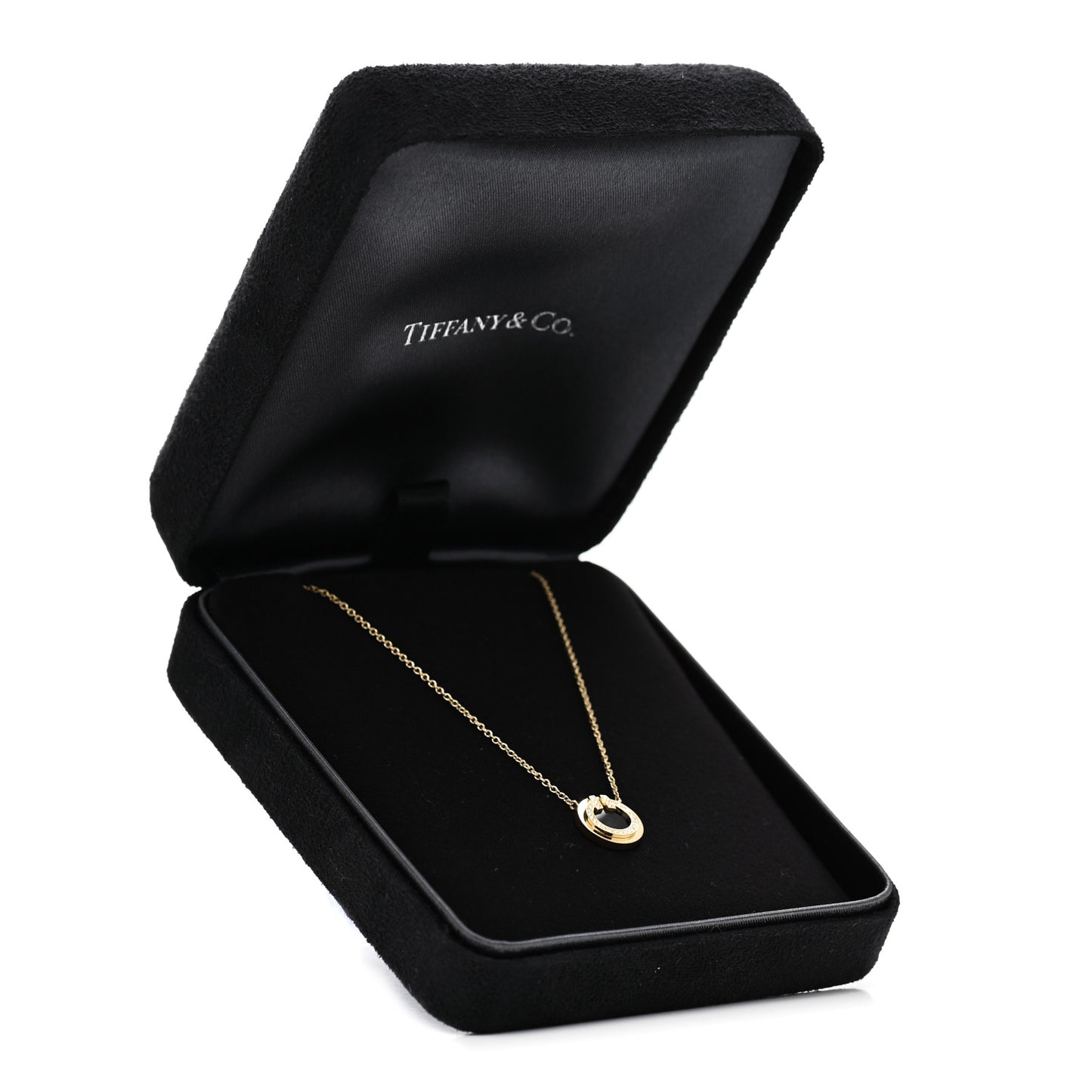 18K Yellow Gold Diamond Black Onyx Small T Circle Pendant Necklace