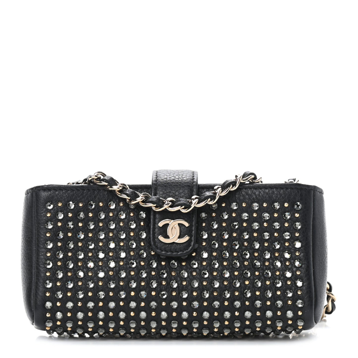 Calfskin Strass Studded Mini Phone Holder Clutch Black