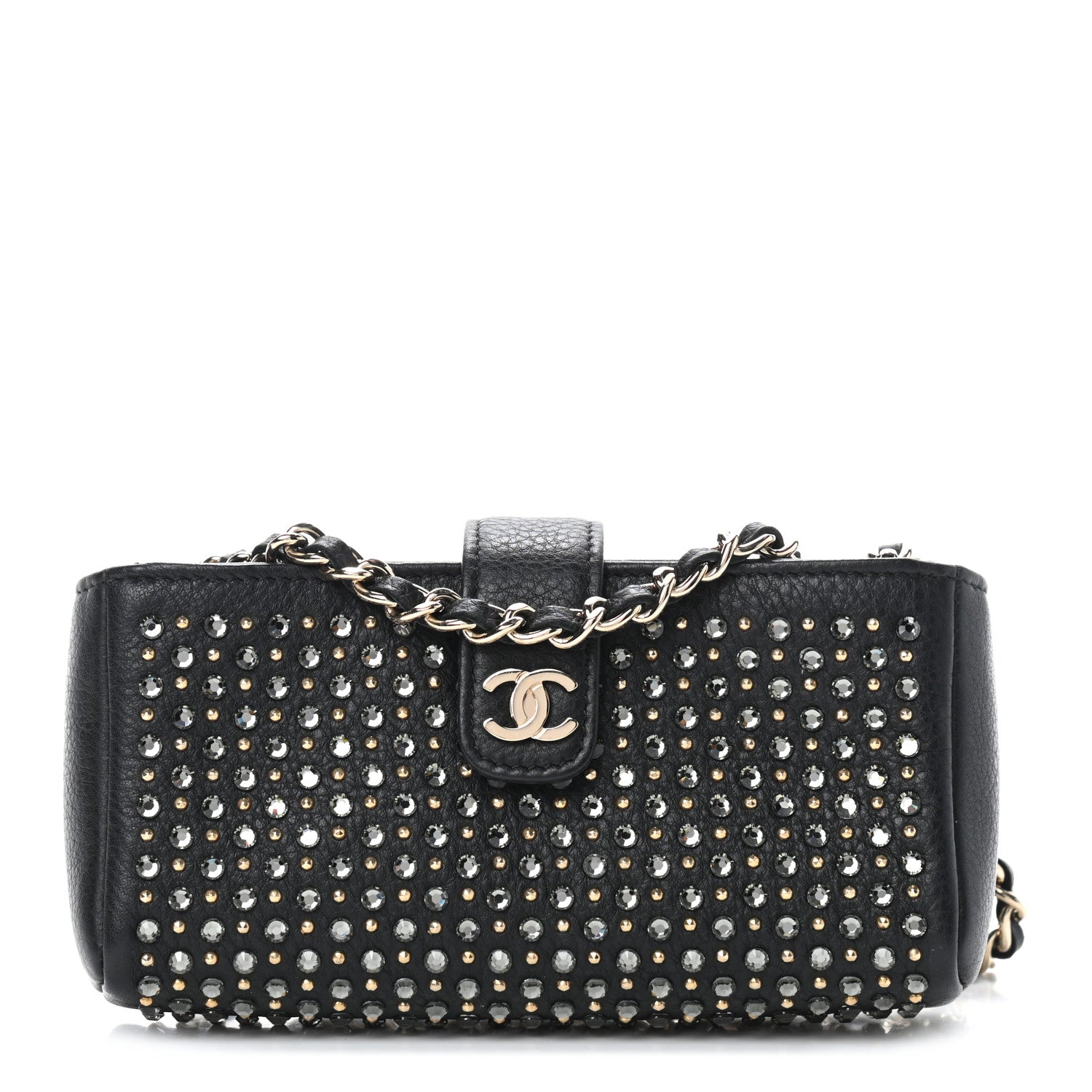 Chanel Calfskin Strass Studded Mini Phone Holder Clutch Black 1 of 10