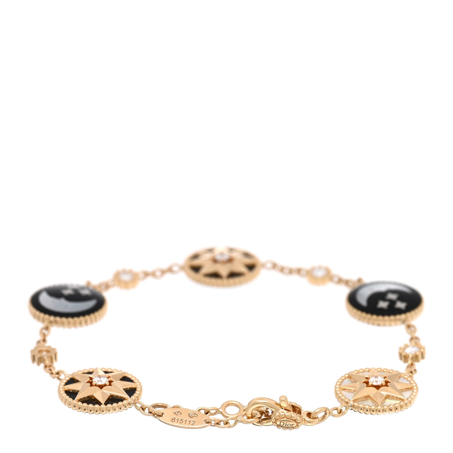 18K Yellow Gold Diamond Mother of Pearl Black Onyx Rose Des Vents and Rose Celeste 5 Charm Bracelet