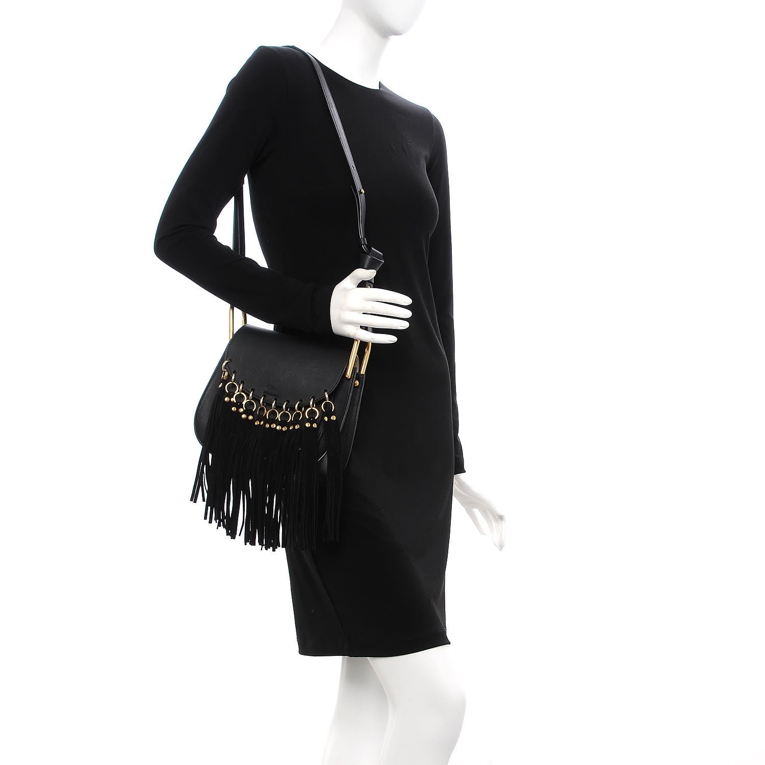 Chloe Calfskin Small Hudson Fringe Shoulder Bag Black 2 of 8