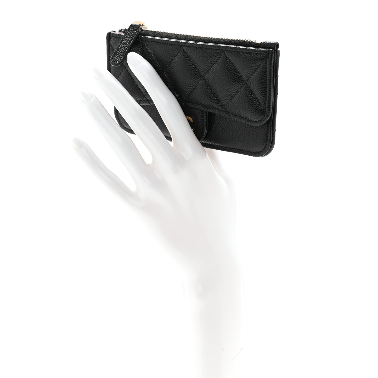 Caviar Quilted Flap Zip Card Holder Black