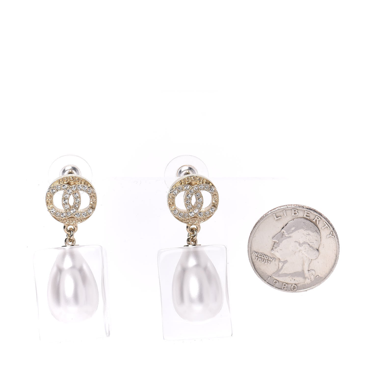 Chanel Crystal Lucite Pearl CC Drop Earrings Gold 2 of 6