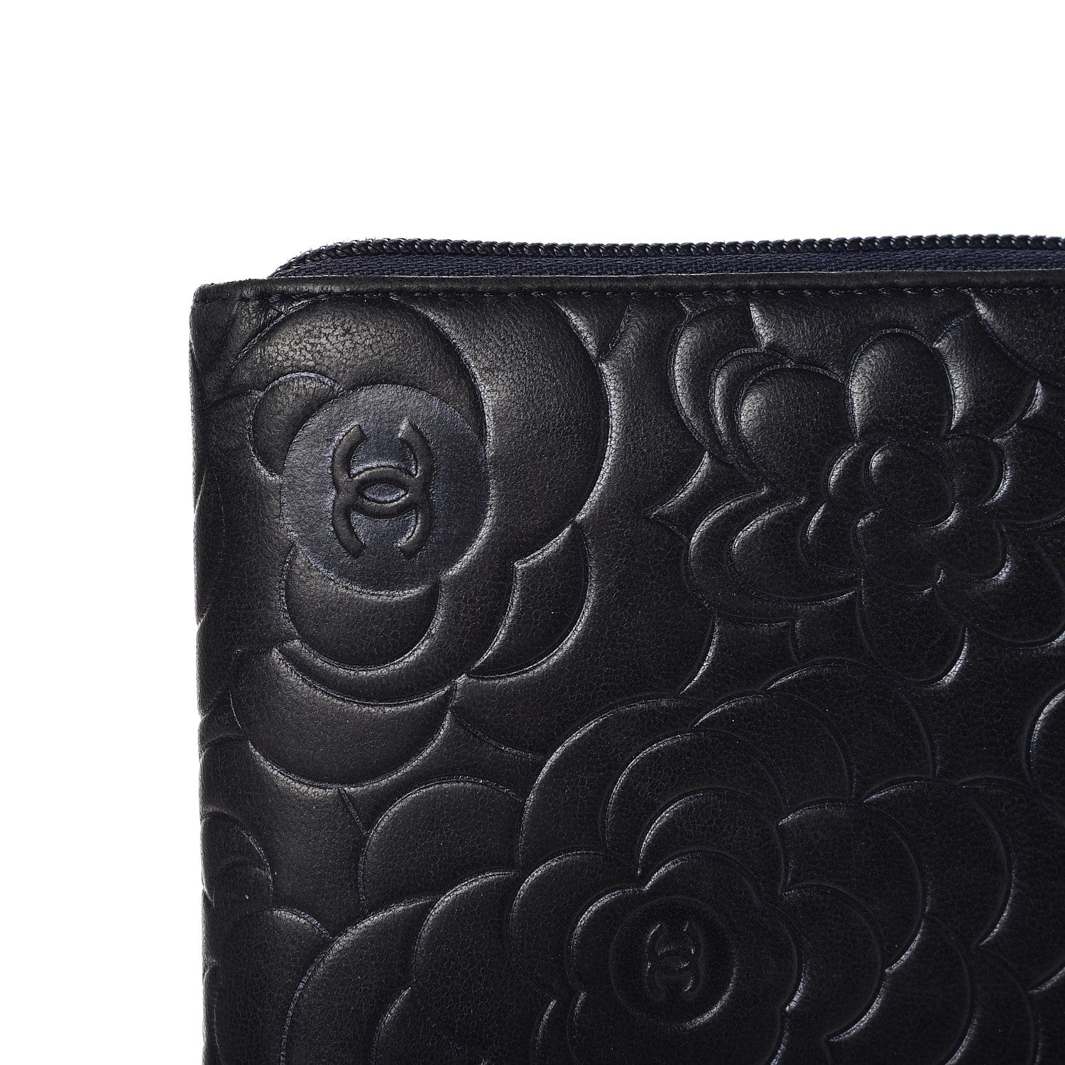 Chanel Lambskin Camellia Embossed Zip Around Organizer Wallet Navy 12 of 12