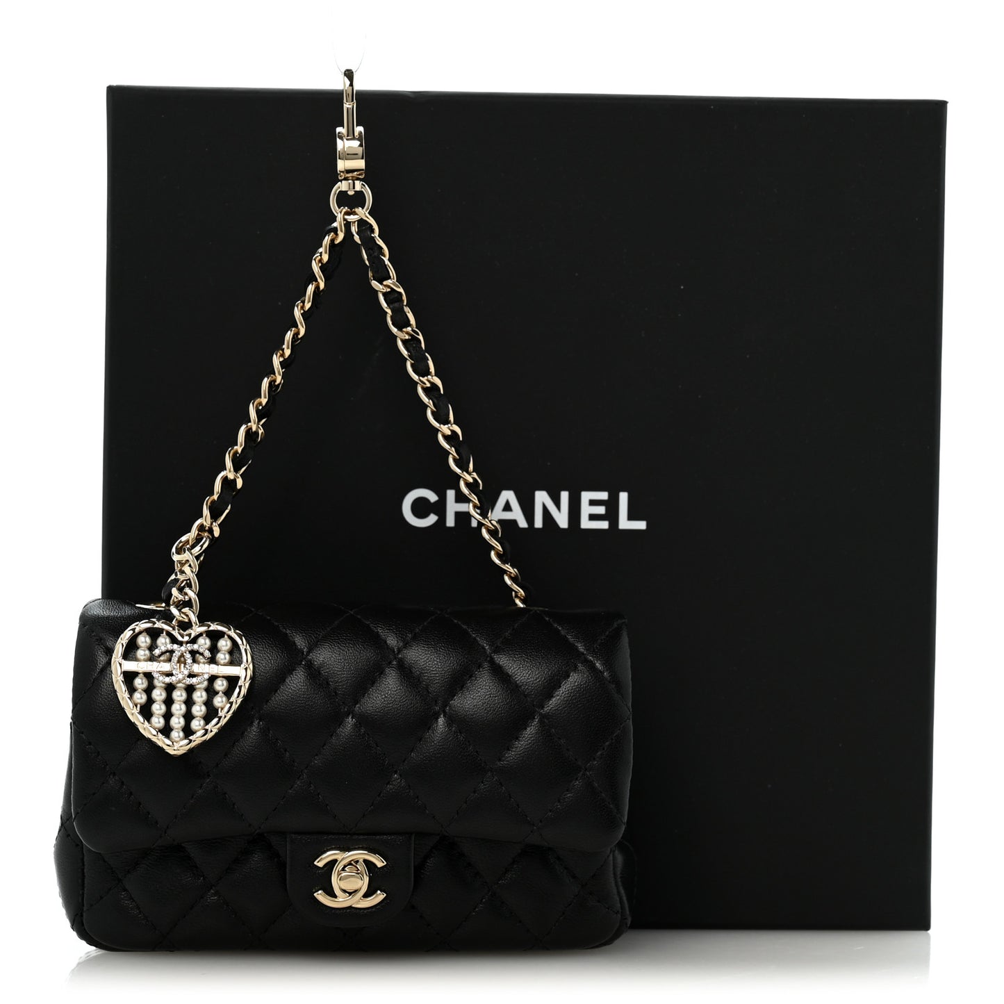 Lambskin Quilted Mini Flap Bag Charm With Hook Black