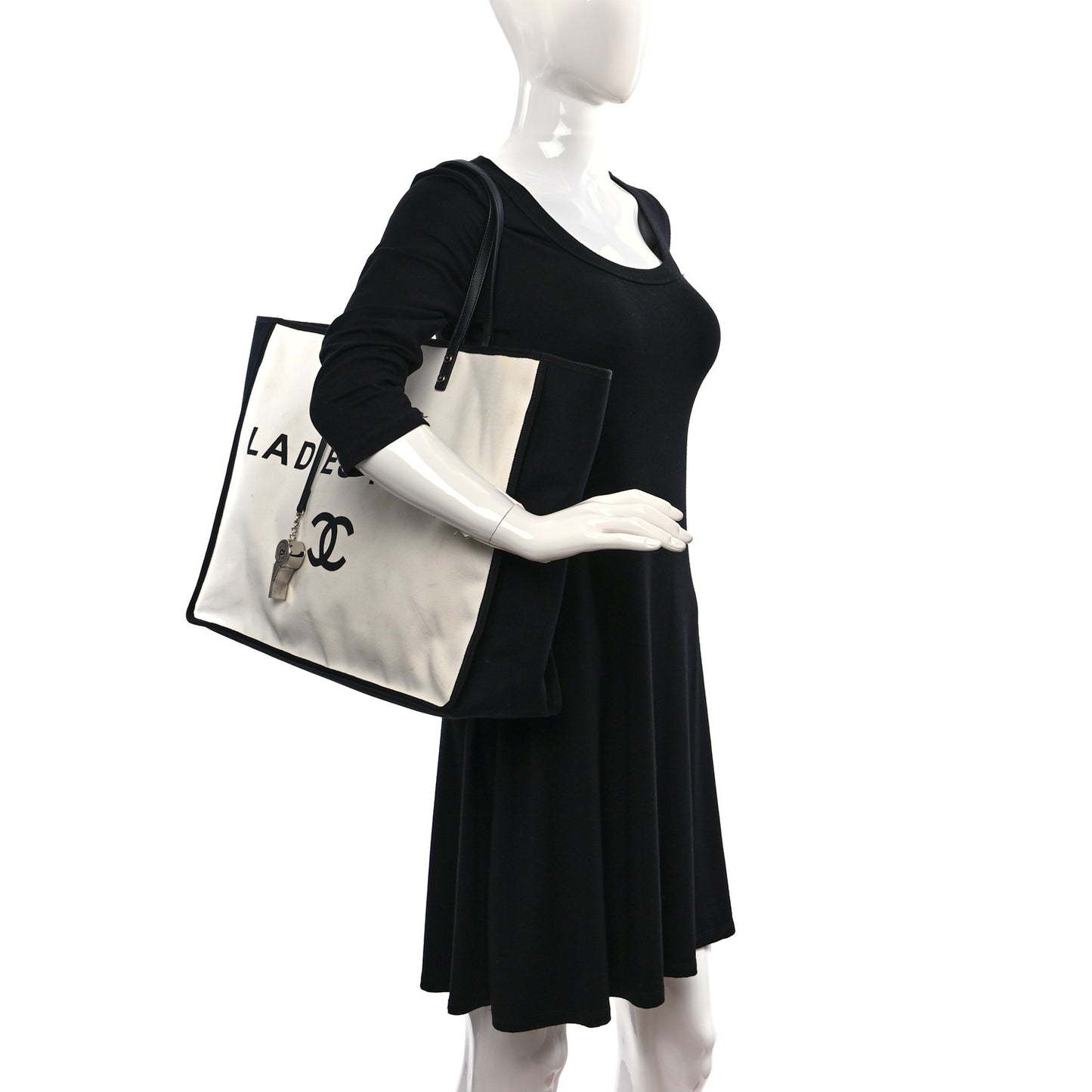 Canvas Calfskin Large Let's Demonstrate Tote White Black