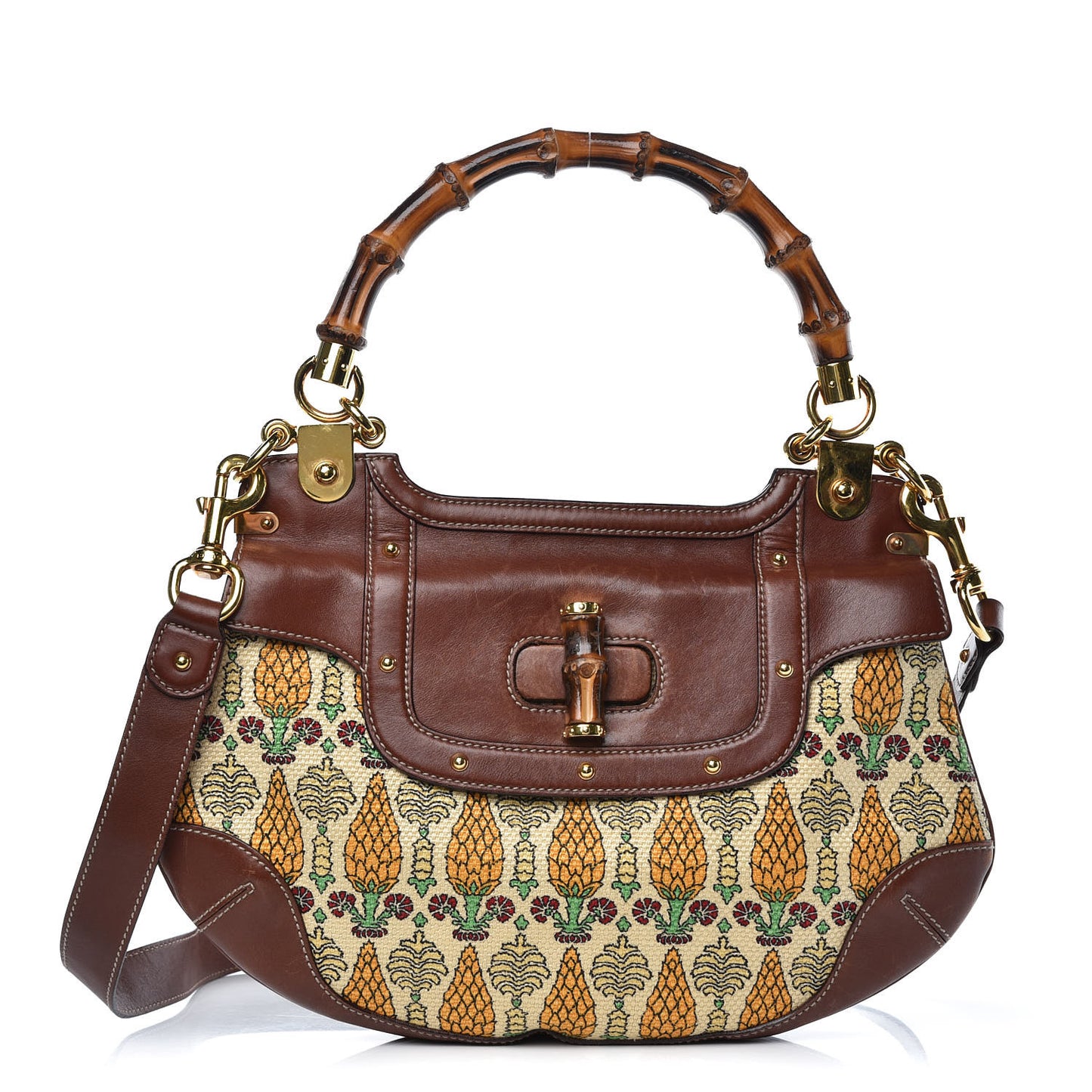Canvas Pigna Print Peggy Bamboo Top Handle Bag Brown
