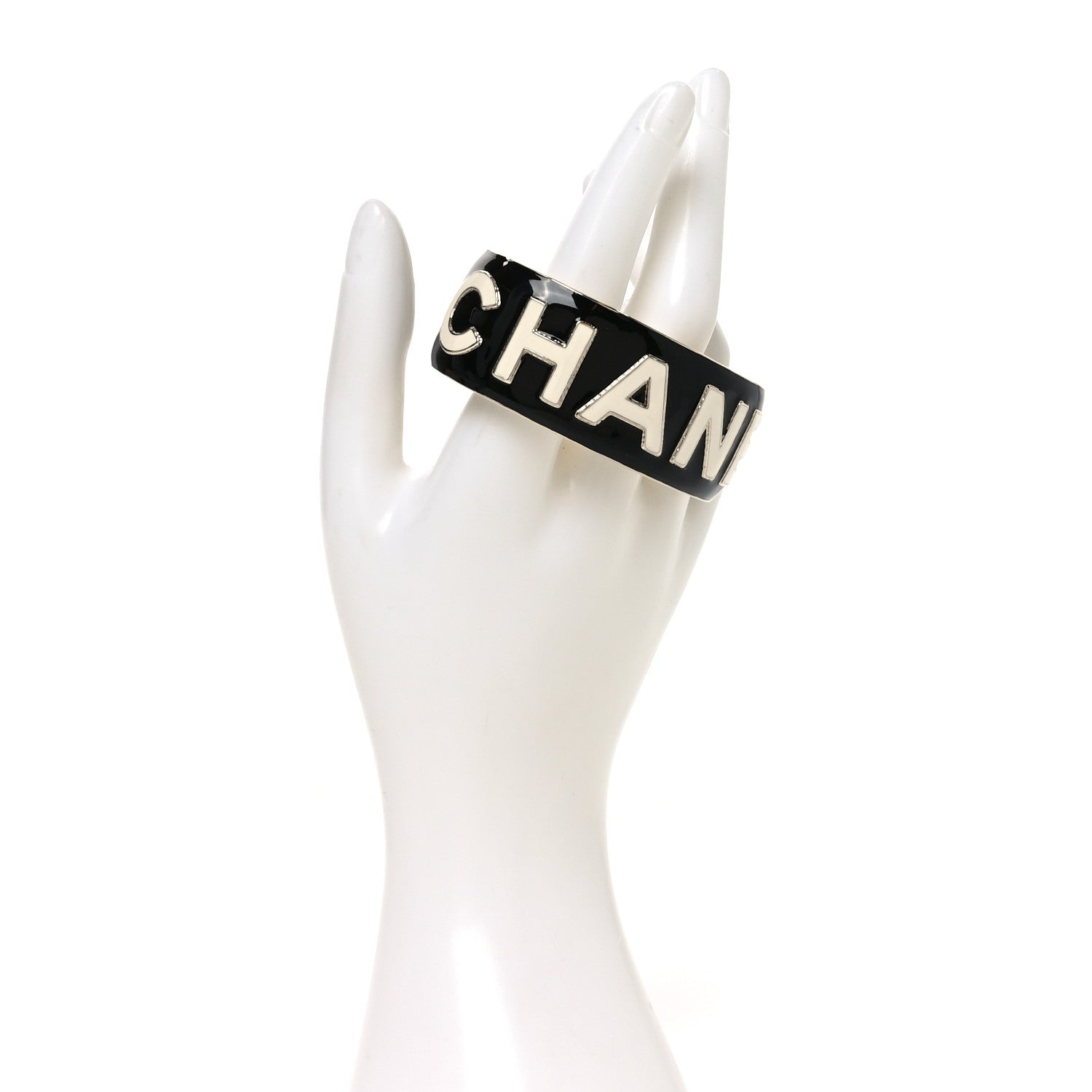 Chanel Metal Enamel Wide Chanel Logo Cuff Bracelet M Black White