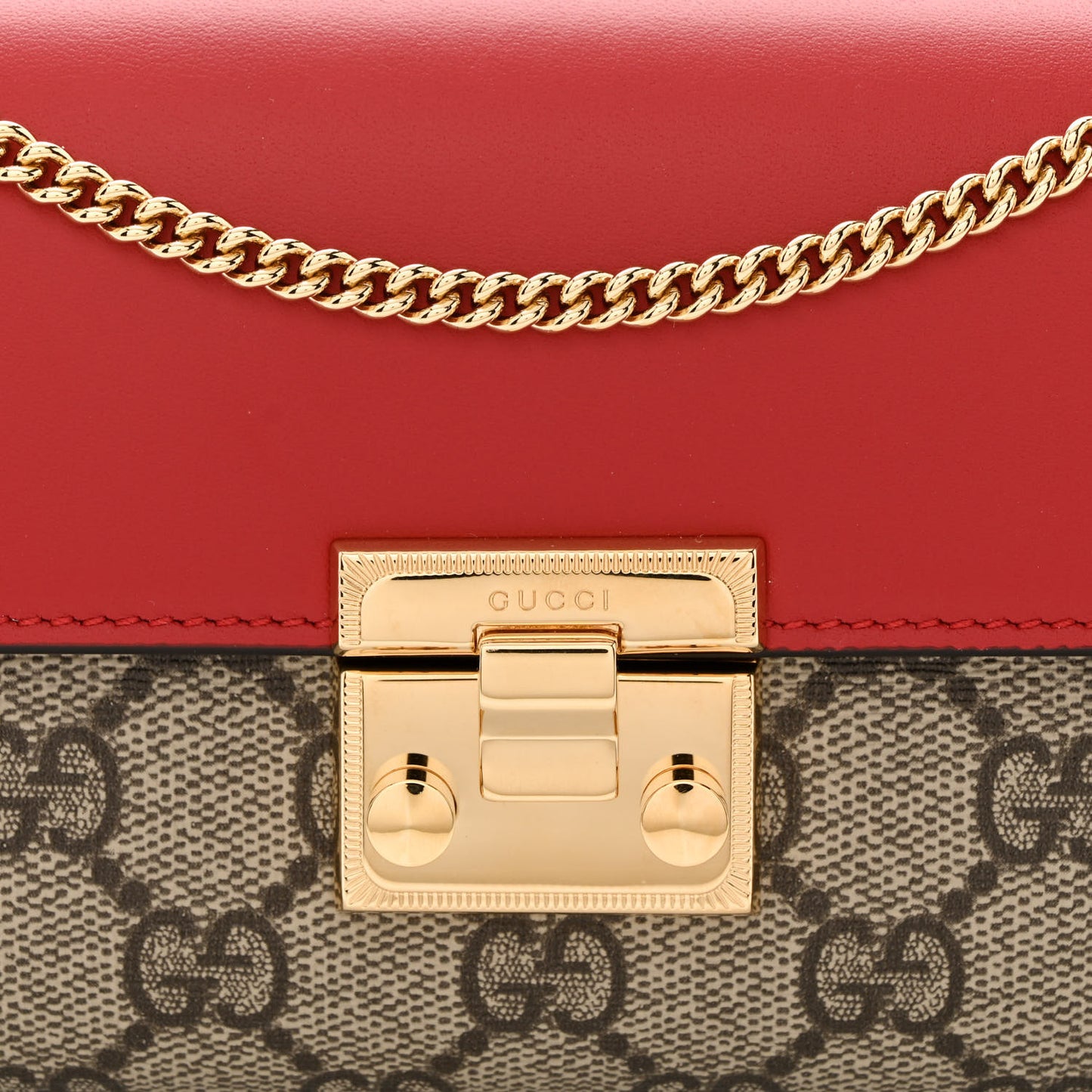 GG Supreme Monogram Moon Calfskin Padlock Continental Chain Wallet Beige Ebony Hibiscus Red New Rosette