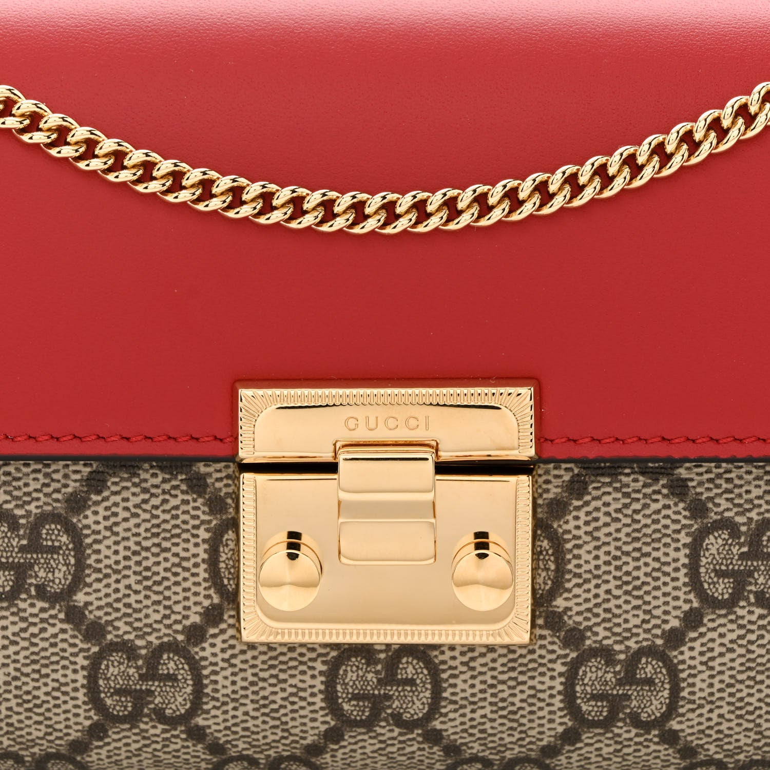 Gucci GG Supreme Monogram Moon Calfskin Padlock Continental Chain Wallet Beige Ebony Hibiscus Red New Rosette 8 of 11