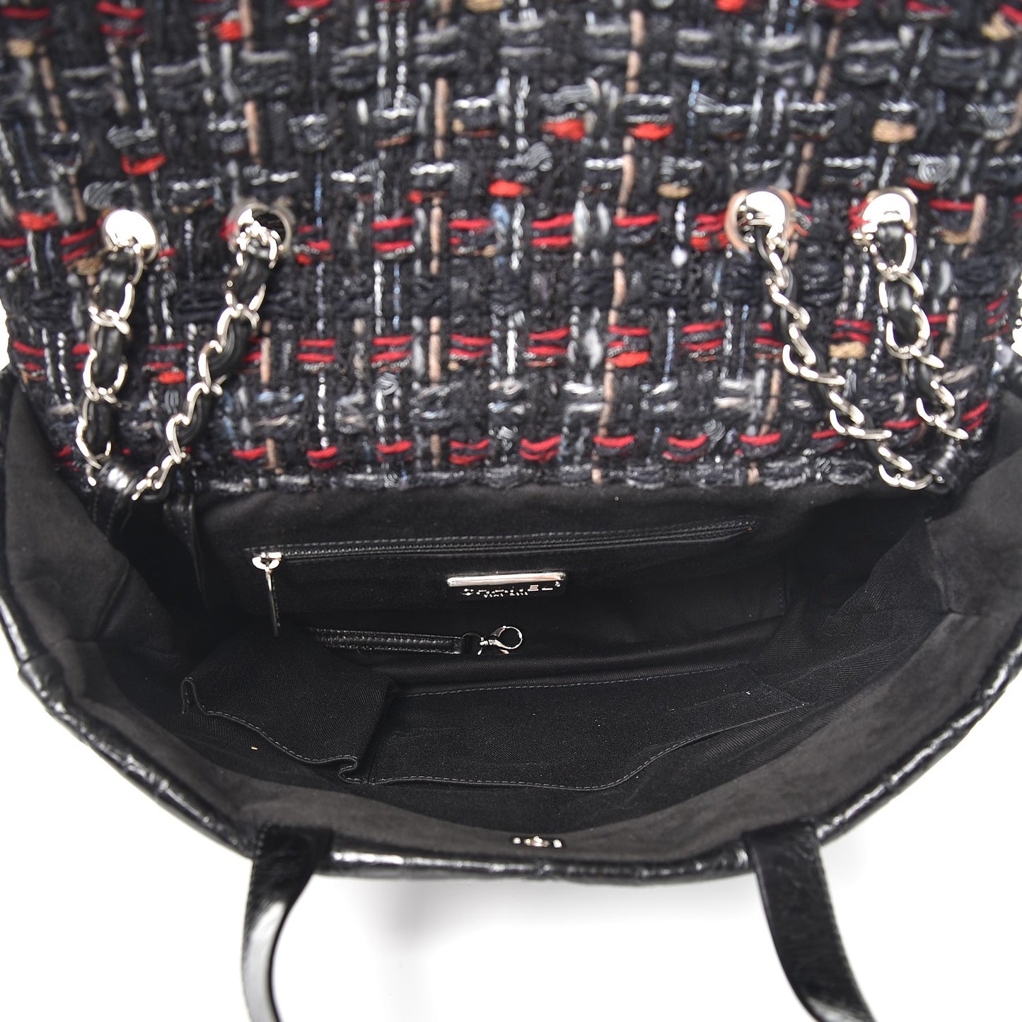 Glazed Calfskin Quilted Tweed Portobello Tote Black Red