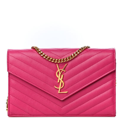 Saint Laurent Grain De Poudre Matelasse Chevron Monogram Chain Wallet Bubblegum 1 of 12
