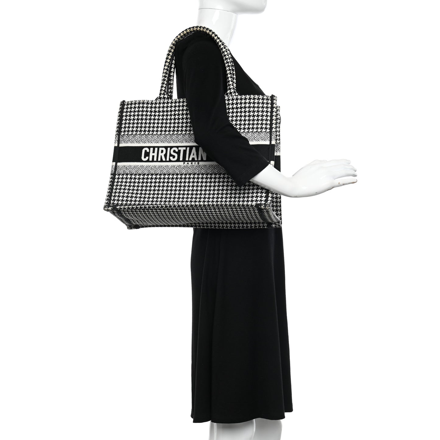 Canvas Houndstooth Embroidered Medium Book Tote Black White