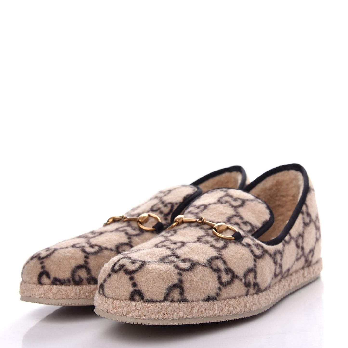 Covered Wool GG Monogram Mens Fria Horsebit Loafers 10.5 Beige Ebony Black Butterscotch