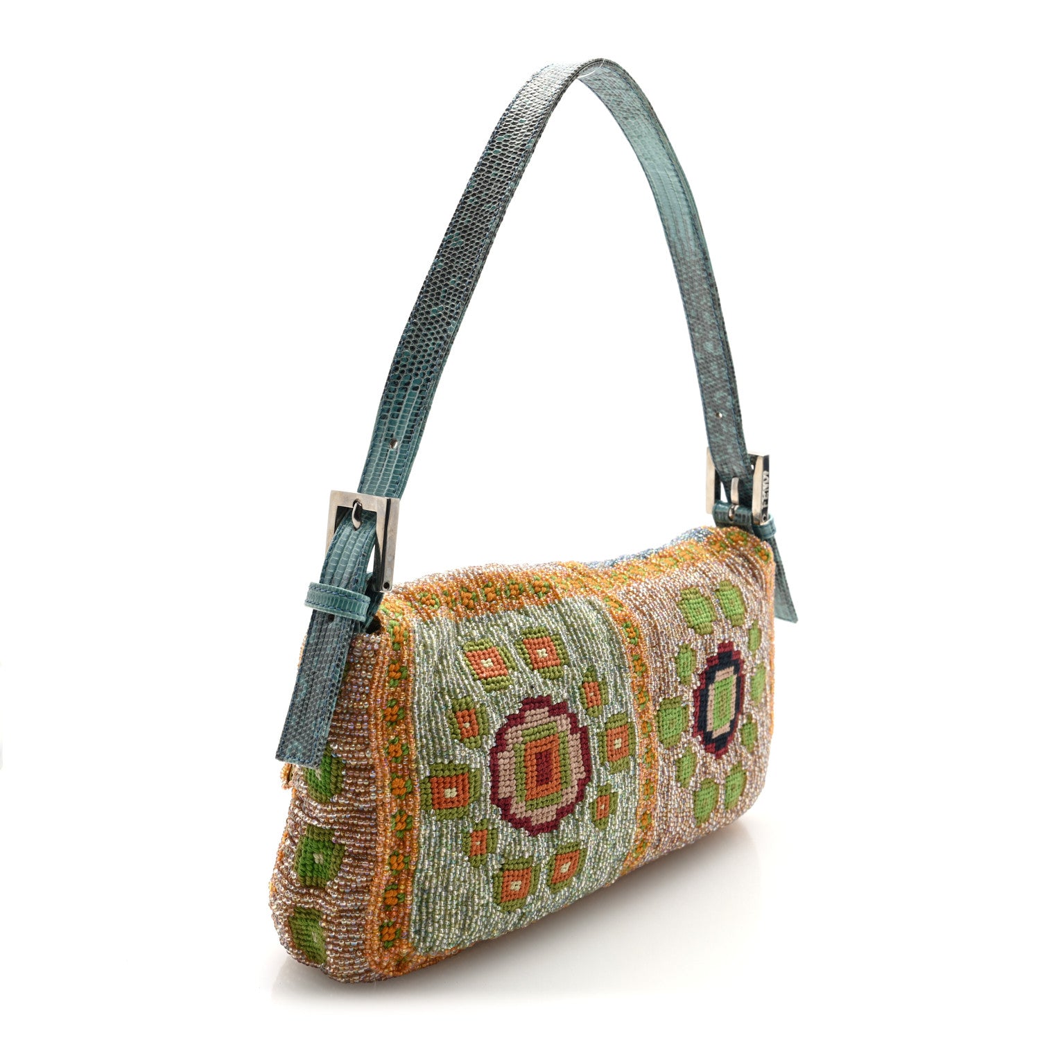 Fendi Wool Embroidered Beaded Lizard Baguette Multicolor 3 of 9