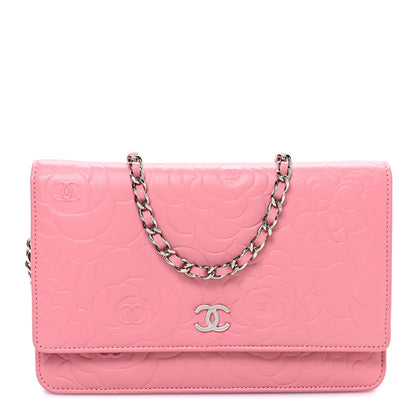Chanel Lambskin Camellia Embossed Wallet on Chain WOC Pink 1 of 13