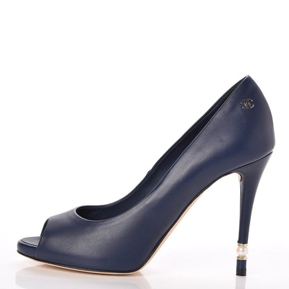 Chanel Lambskin Pearl Peep Toe Pumps 38 Navy 1 of 9