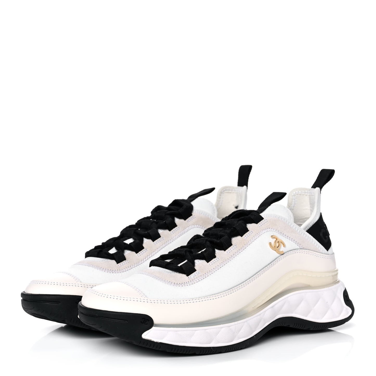 Velvet Calfskin Mixed Fibers CC Sneakers 38.5 Ivory Black