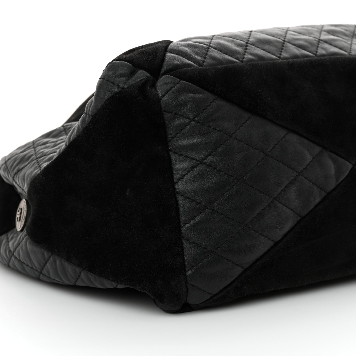 Goatskin Suede Calfskin Quilted Patchwork Drawstring Bag Black