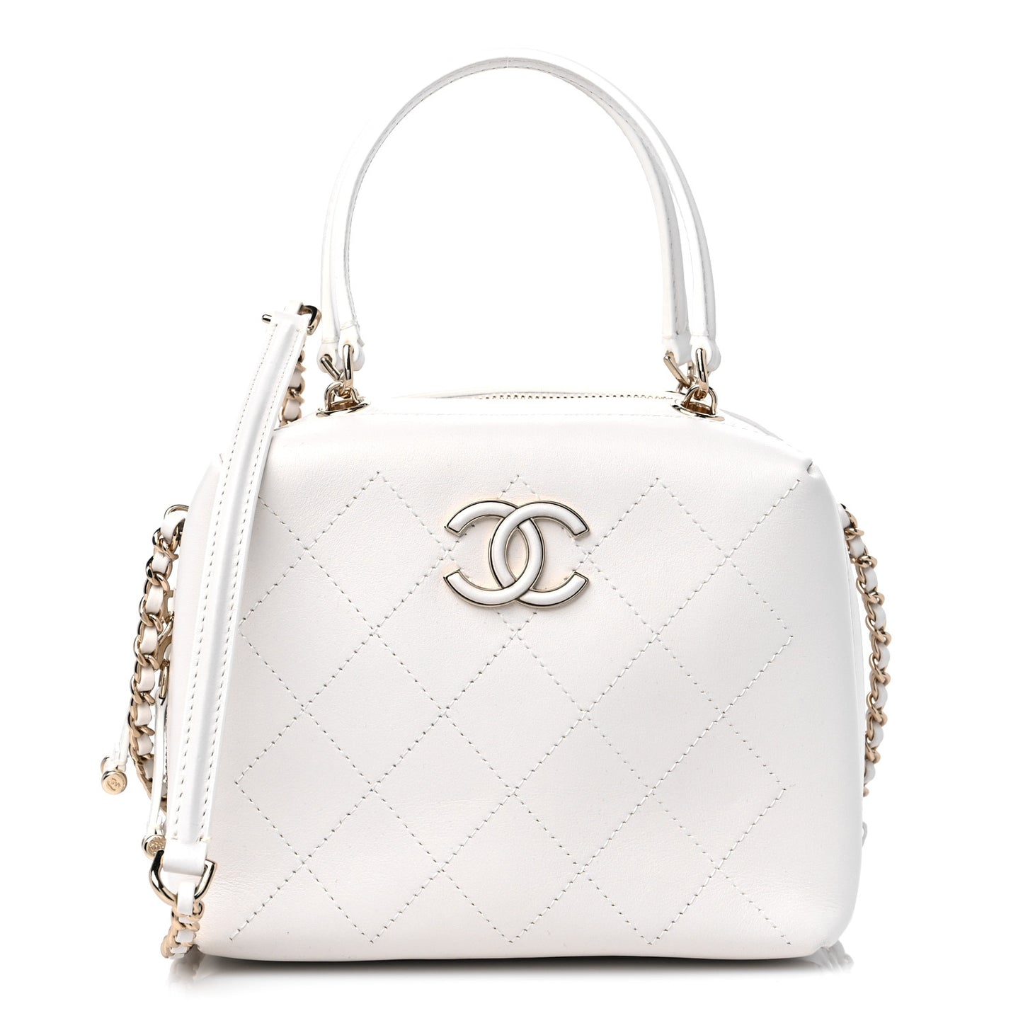 Calfskin Stitched Cube Top Handle Crossbody Bag White