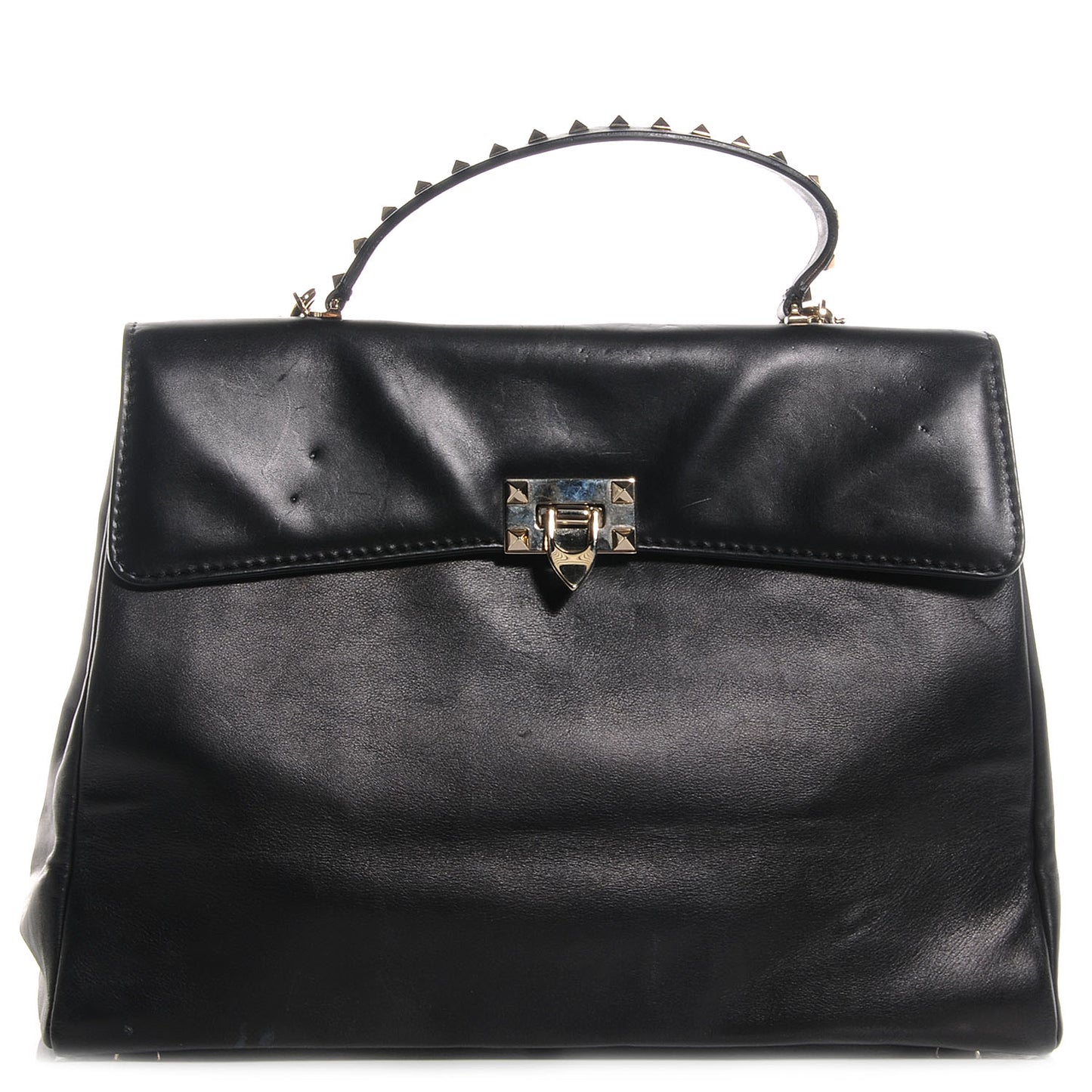 Leather Rockstud Top Handle Tote Black