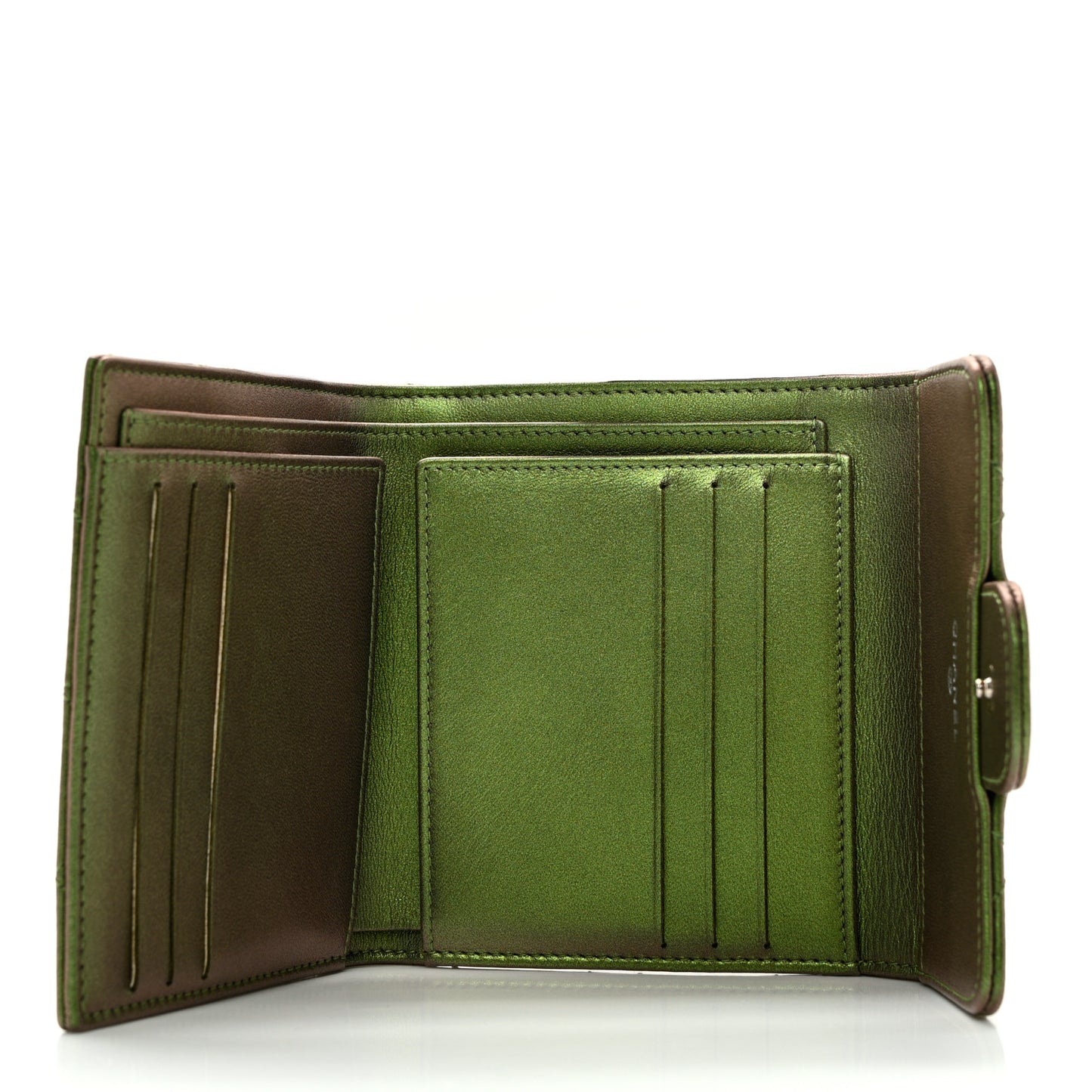 Iridescent Lambskin Quilted Small Compact Wallet Green