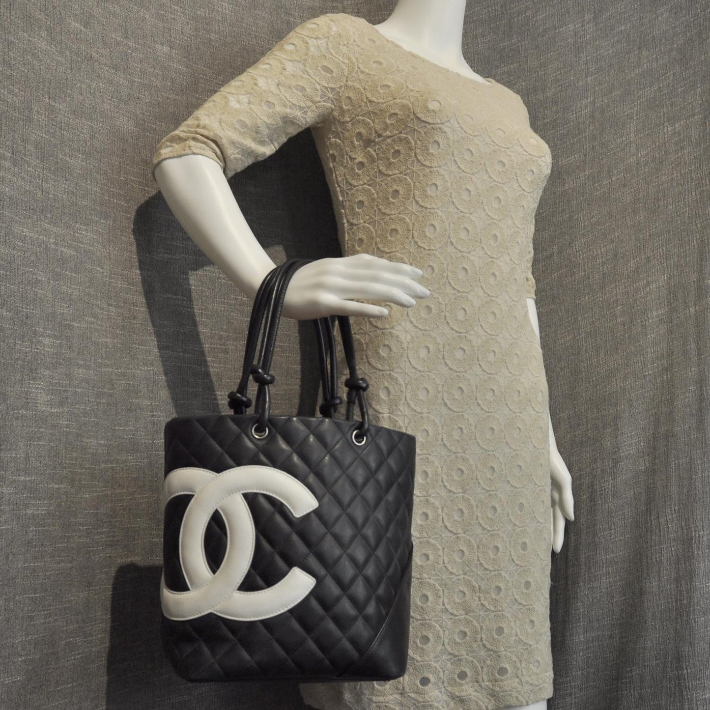 Calfskin Quilted Medium Cambon Tote Black White