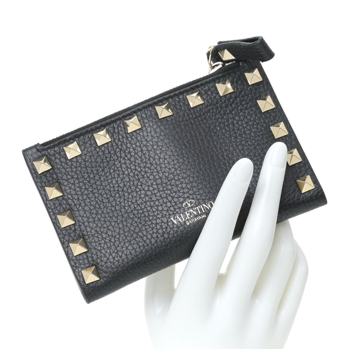 Pebbled Calfskin Rockstud Coin Case Card Holder Black