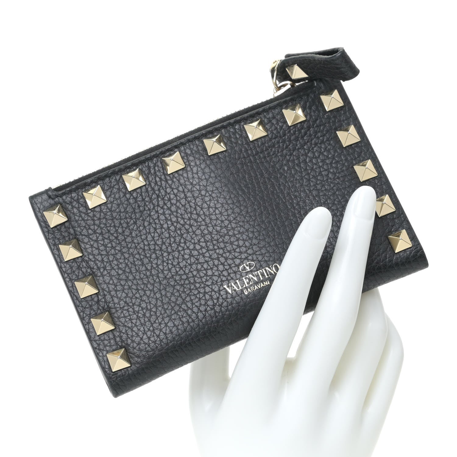 Valentino Garavani Pebbled Calfskin Rockstud Coin Case Card Holder Black 2 of 9