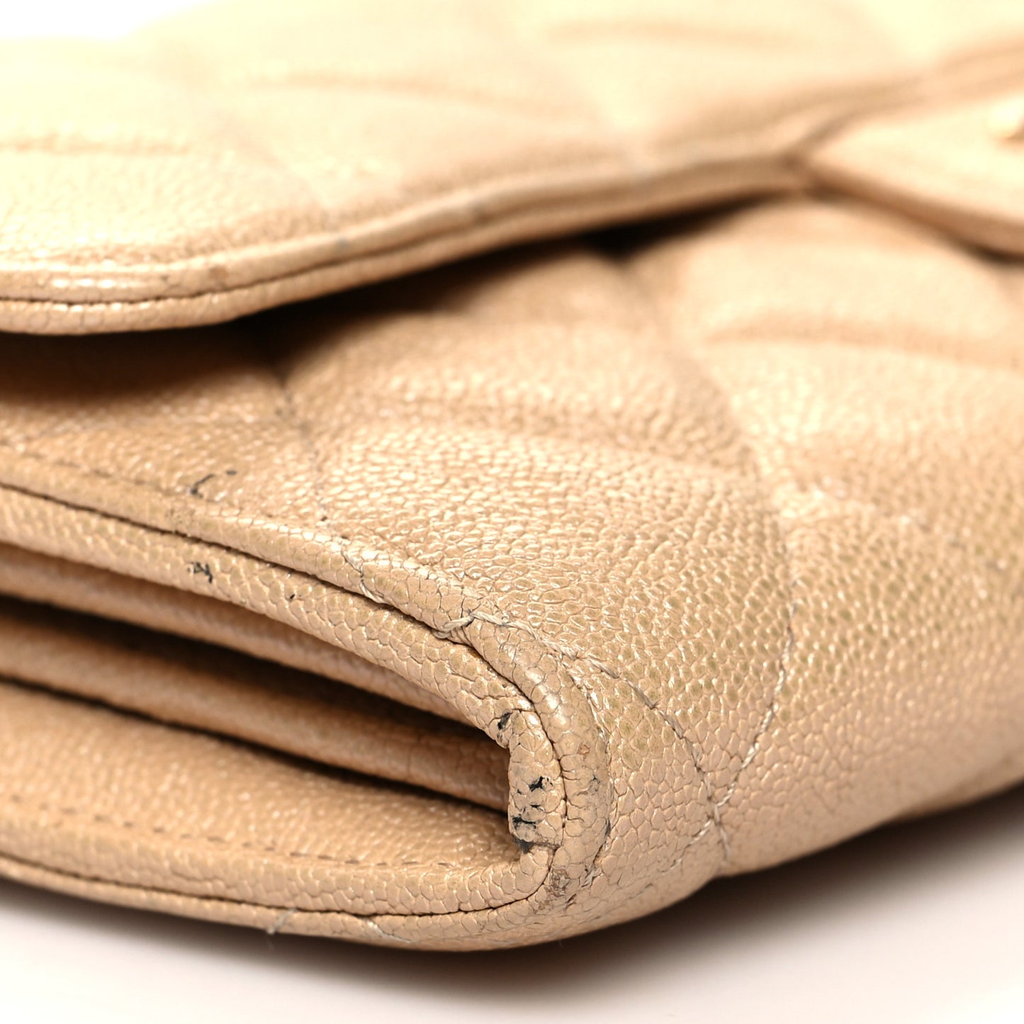 Iridescent Caviar Quilted Long Flap Wallet Beige