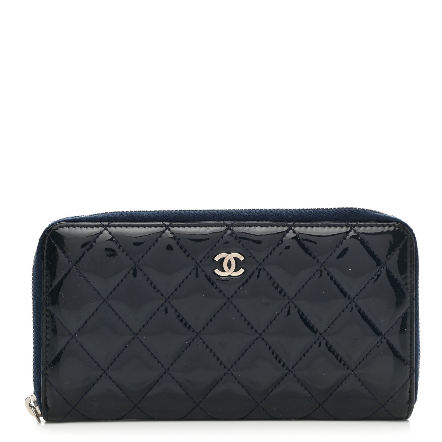 Patent Calfskin Quilted Large Gusset Zip Around Wallet Blue