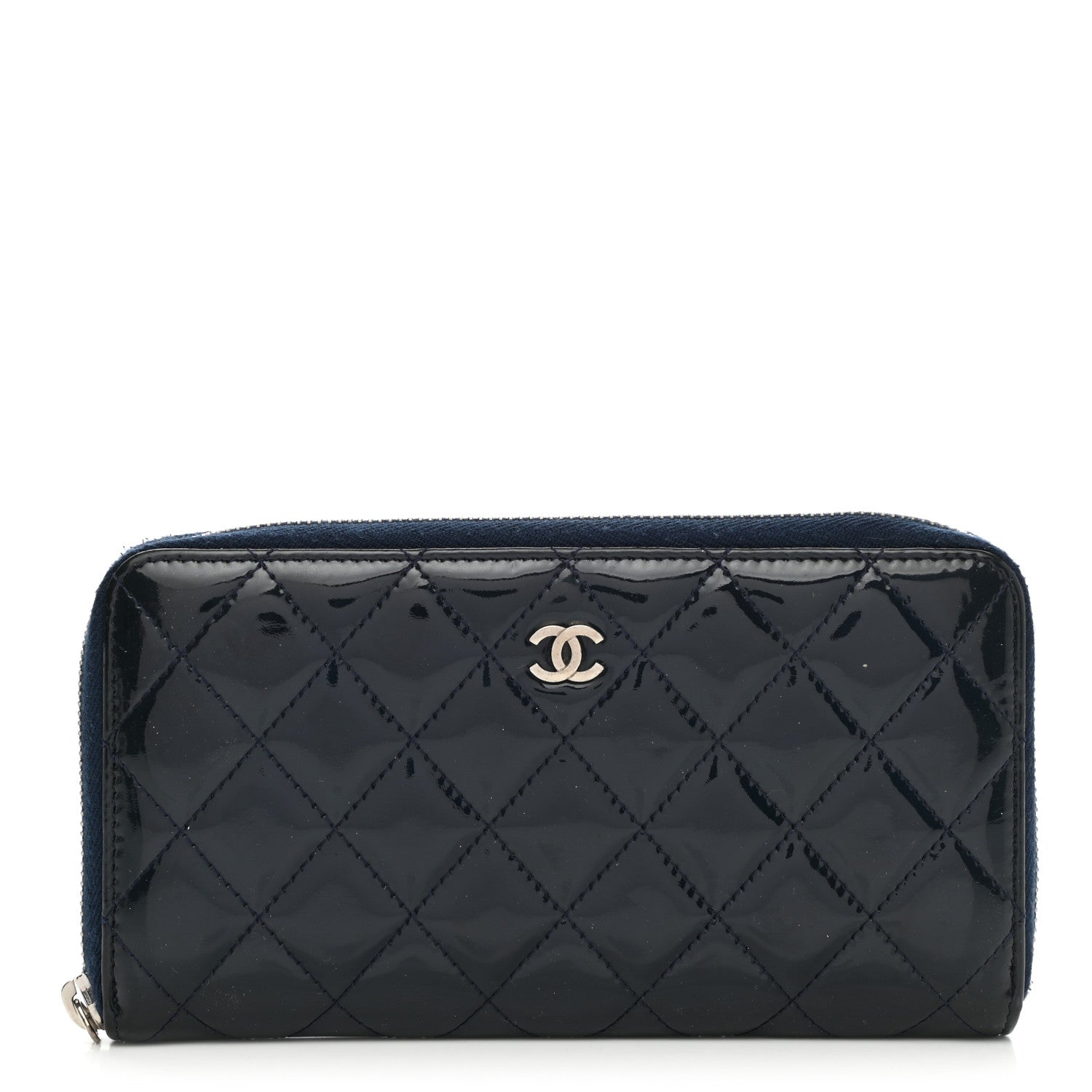Chanel Patent Calfskin Quilted Large Gusset Zip Around Wallet Blue 1 of 12