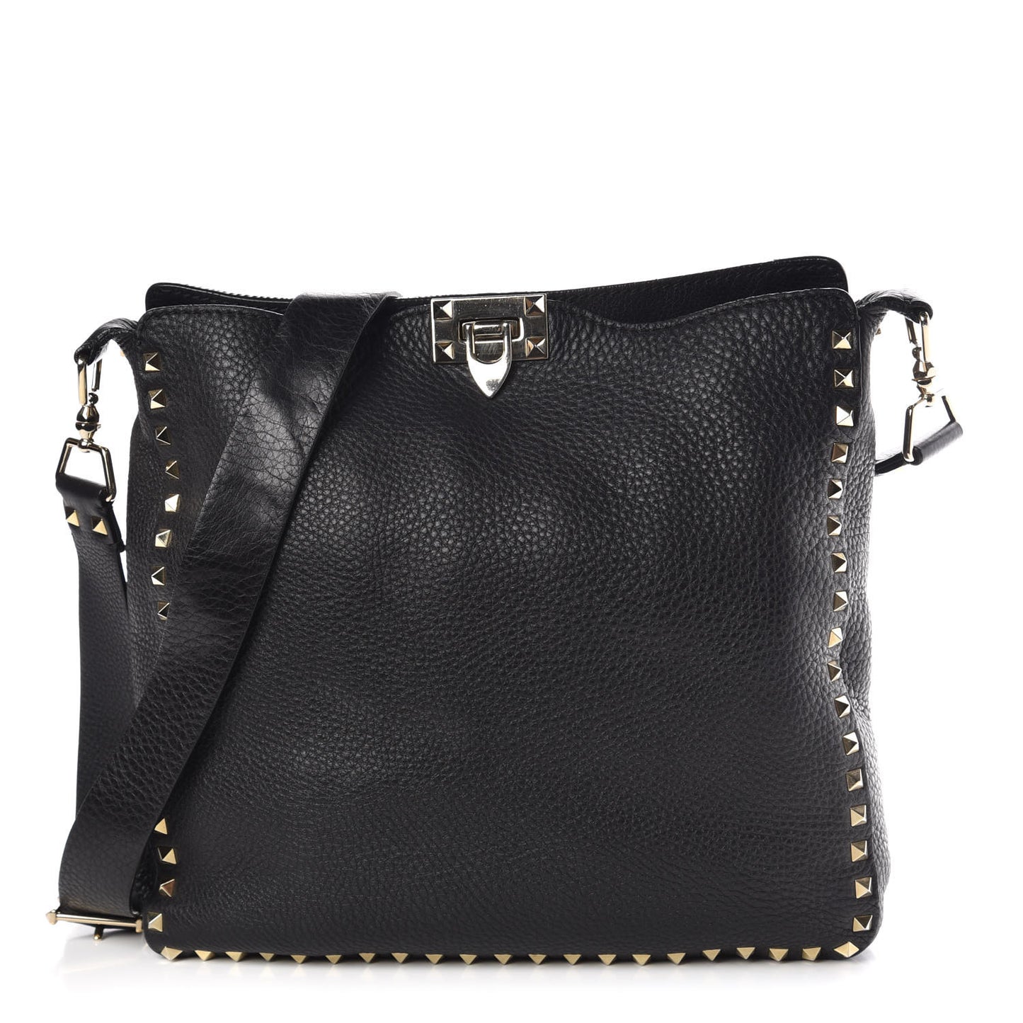 Pebbled Calfskin Large Rockstud Flip-Lock Messenger Bag Black
