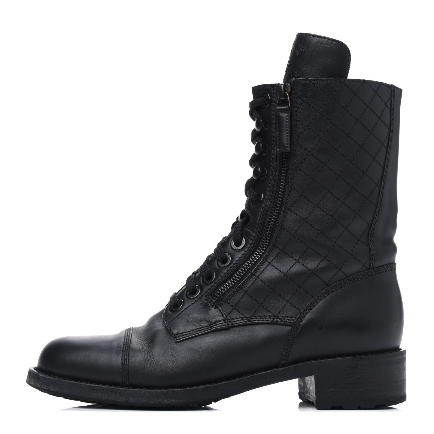 Calfskin Quilted Lace Up Combat Boots 40 Black