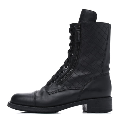 Chanel Calfskin Quilted Lace Up Combat Boots 40 Black 1 of 11