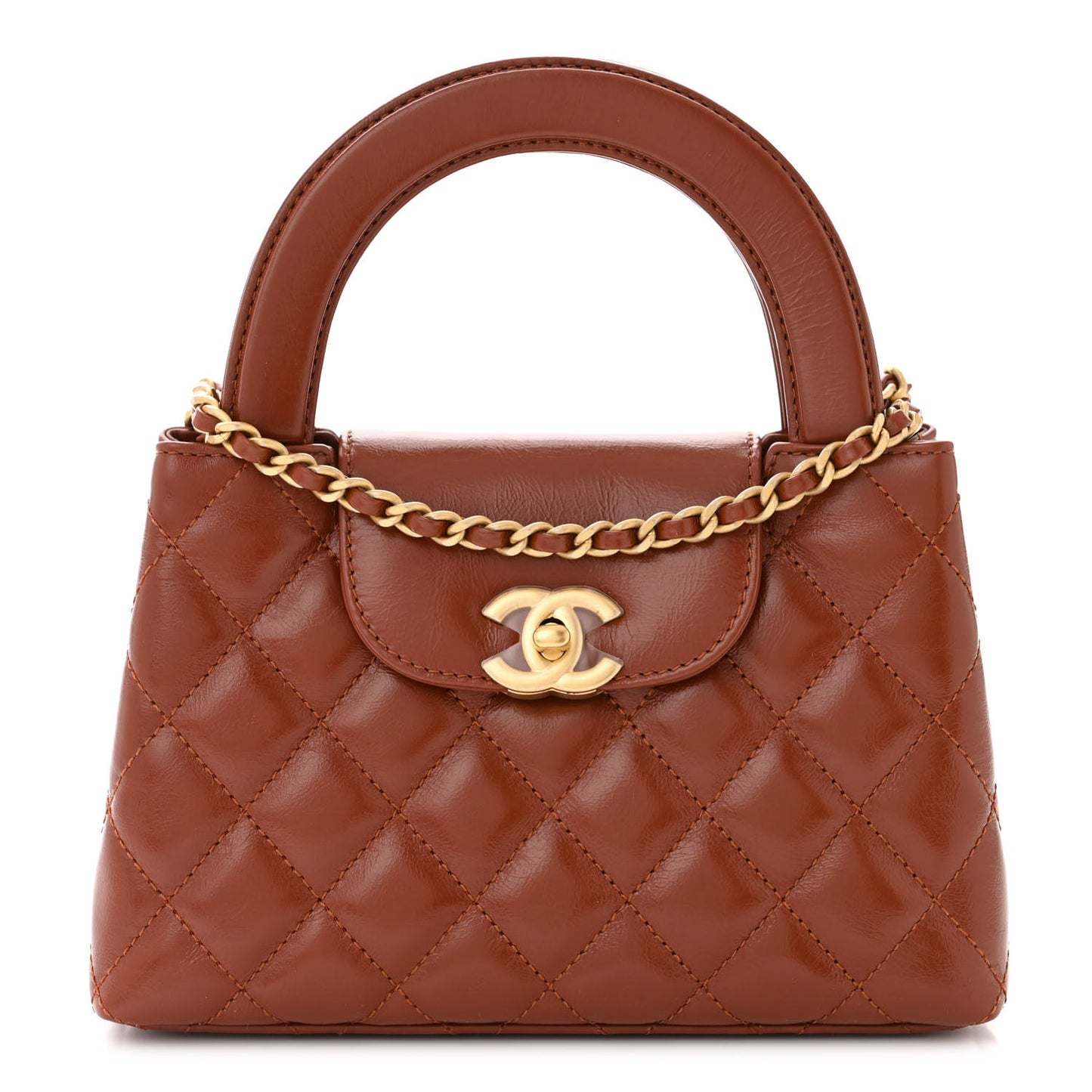 Shiny Aged Calfskin Quilted Nano Kelly Shopper Brown