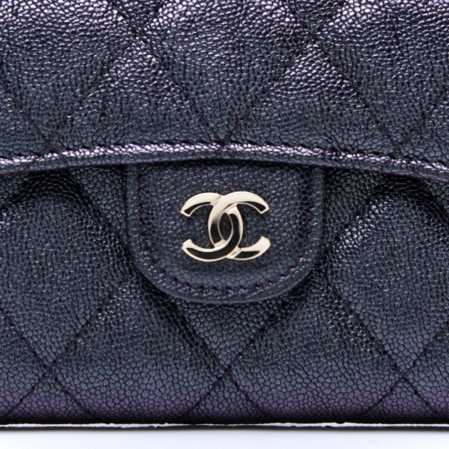 Iridescent Caviar Quilted Flap Card Holder Wallet Black