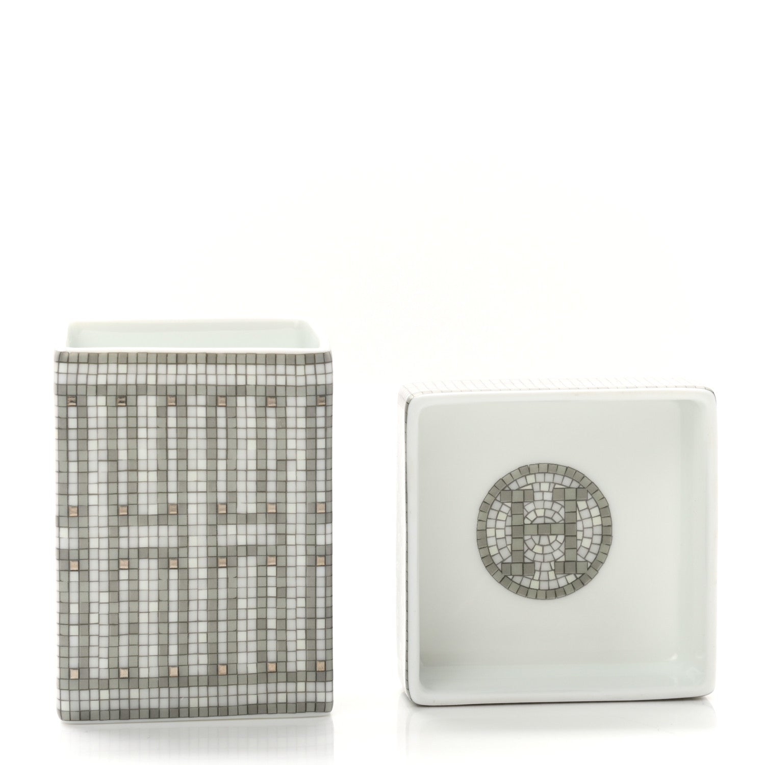 Hermes Porcelain Small Mosaique Au 24 Sugar Box Platinum 4 of 9
