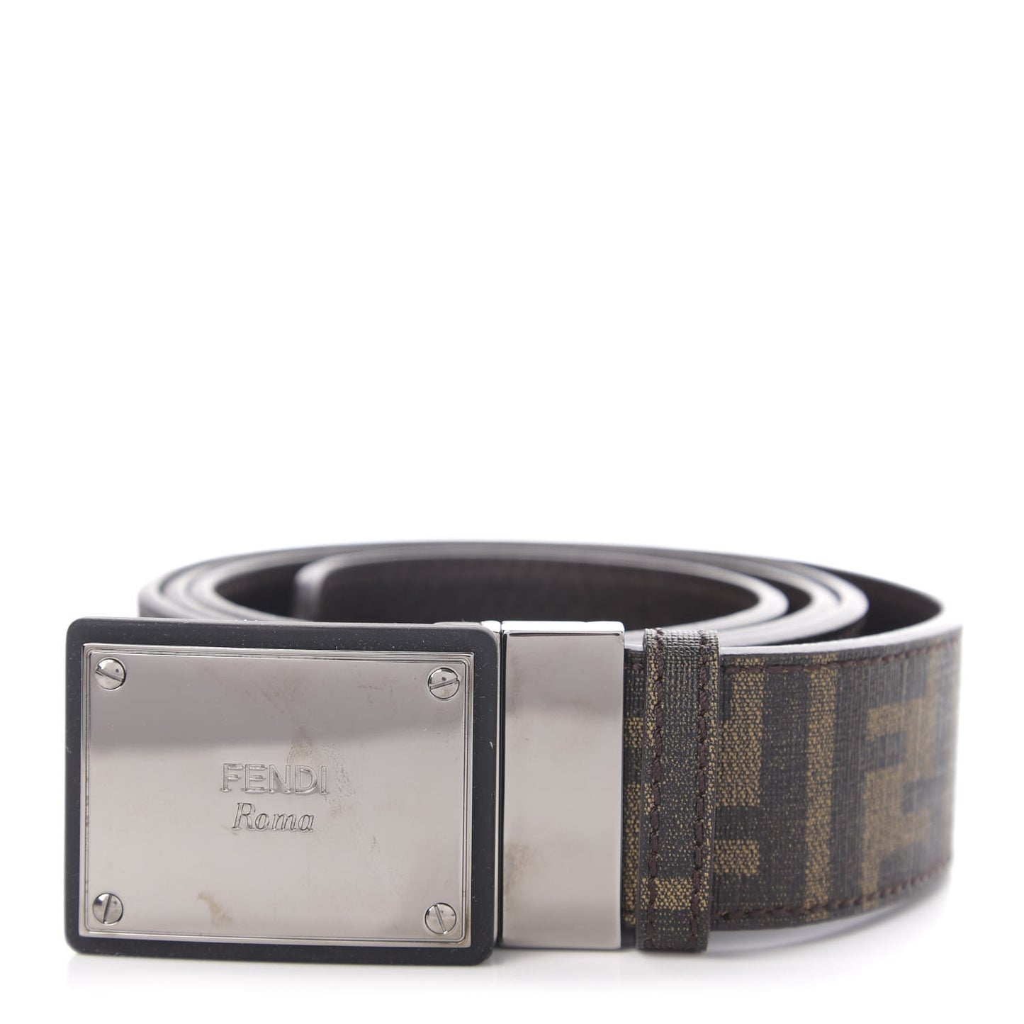 Glazed Fabric Calfskin FF 1974 Reversible Plaque Belt Mogano Panna