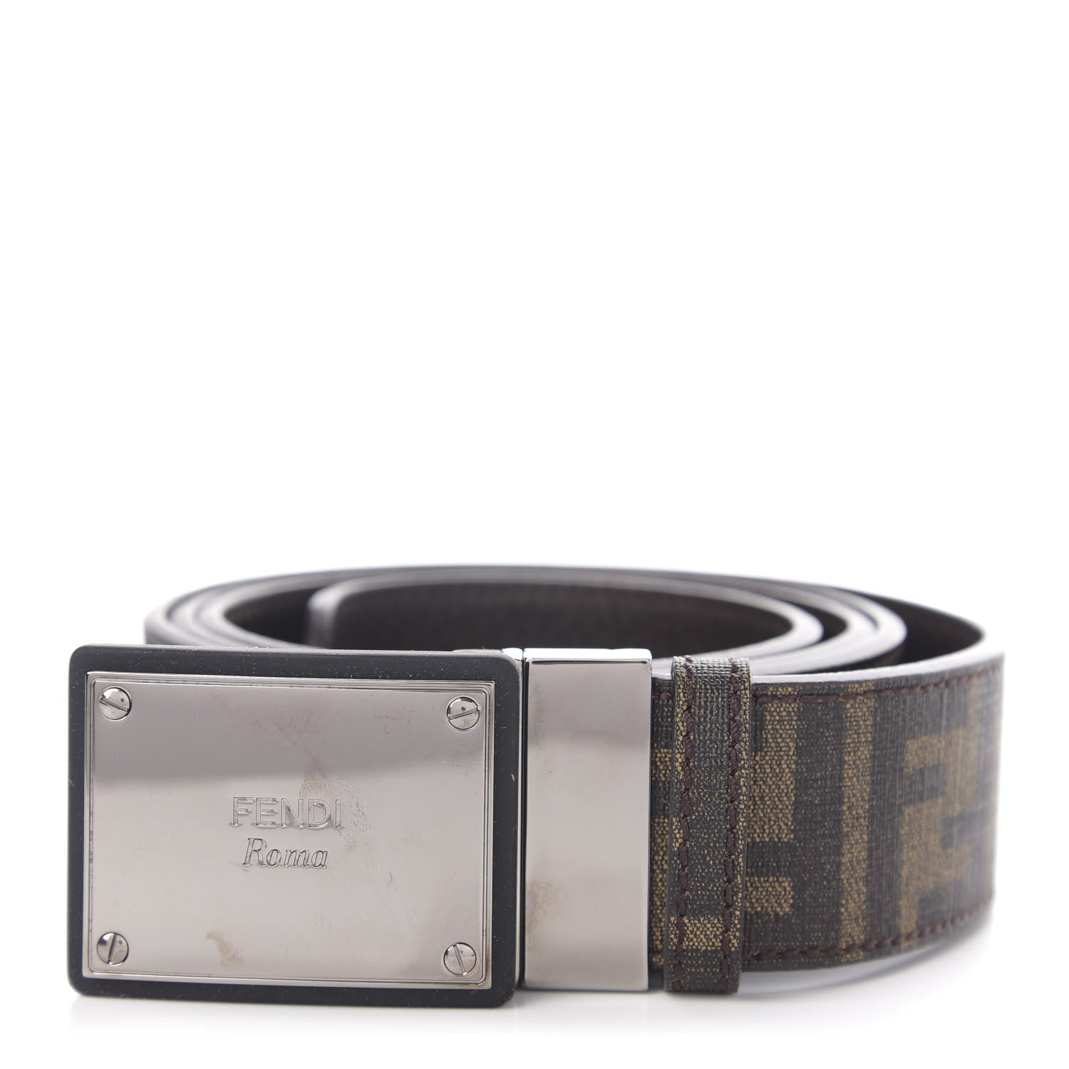 Fendi Glazed Fabric Calfskin FF 1974 Reversible Plaque Belt Mogano Panna 1 of 5