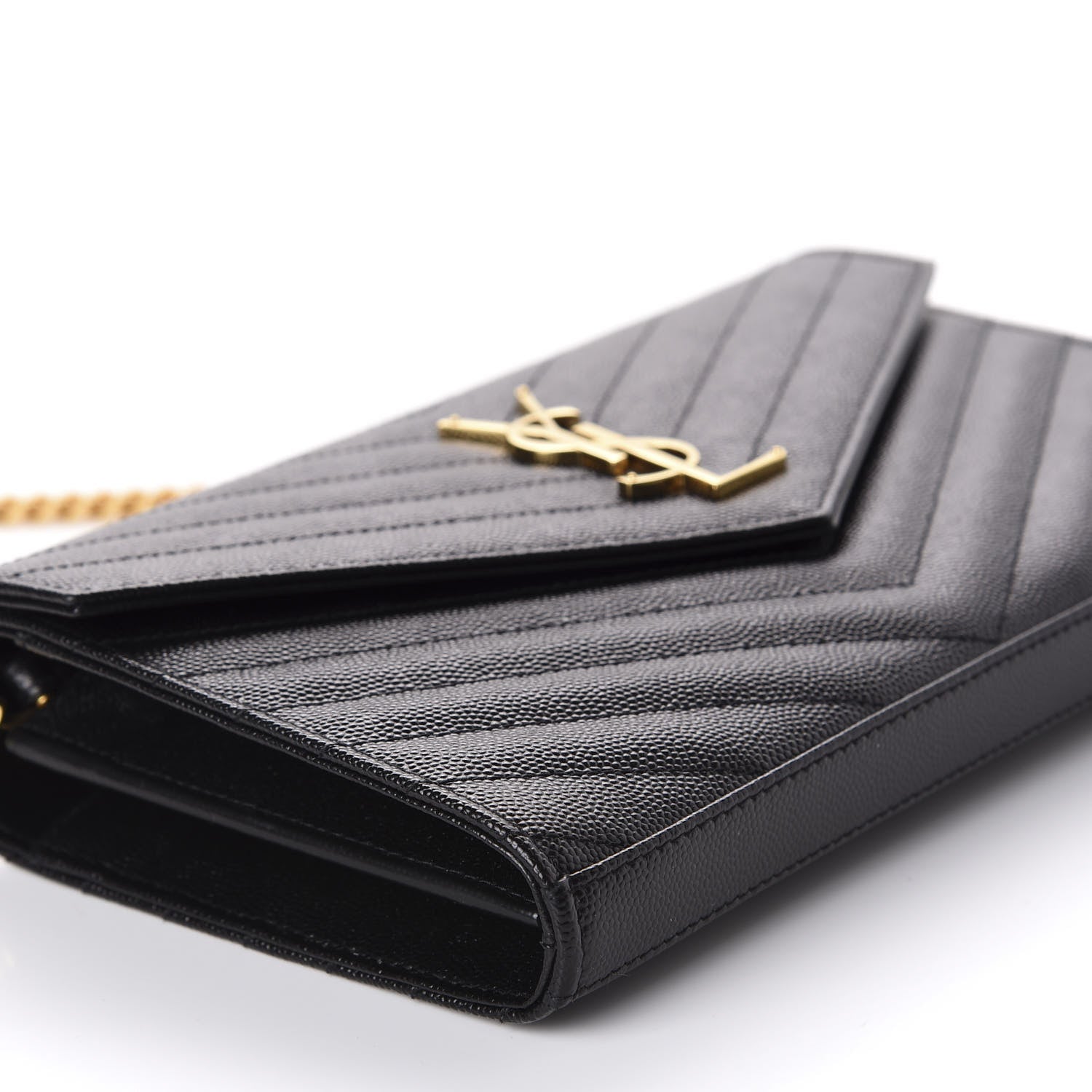 Saint Laurent Grain De Poudre Matelasse Chevron Monogram Chain Wallet Black 6 of 11
