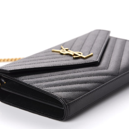 Saint Laurent Grain De Poudre Matelasse Chevron Monogram Chain Wallet Black 6 of 11