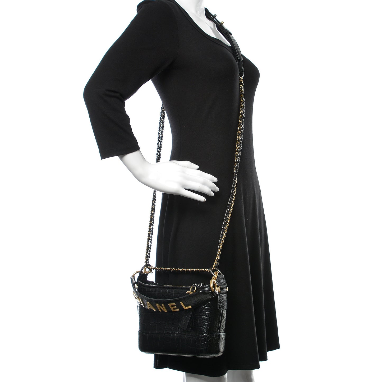 Calfskin Crocodile Embossed Small Gabrielle Cocodile Hobo Black