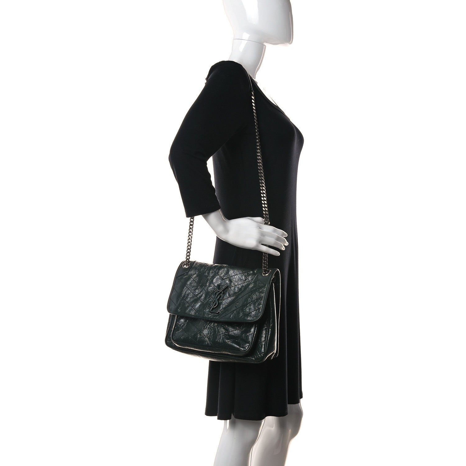 Saint Laurent Crinkled Calfskin Matelasse Monogram Medium Niki Chain Satchel Dark Green 2 of 12