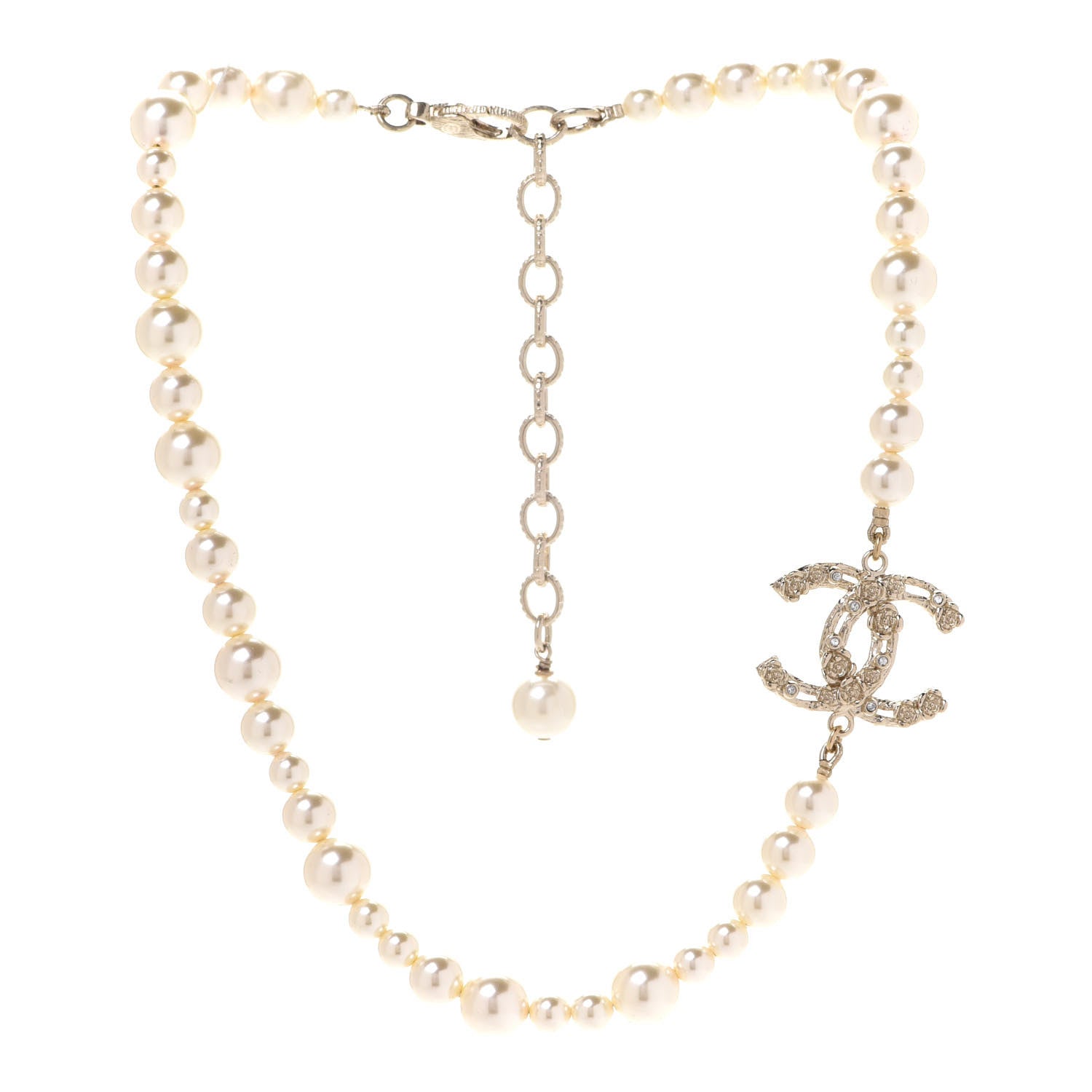 Chanel Pearl Crystal CC Camellia Short Necklace Gold 3 of 6