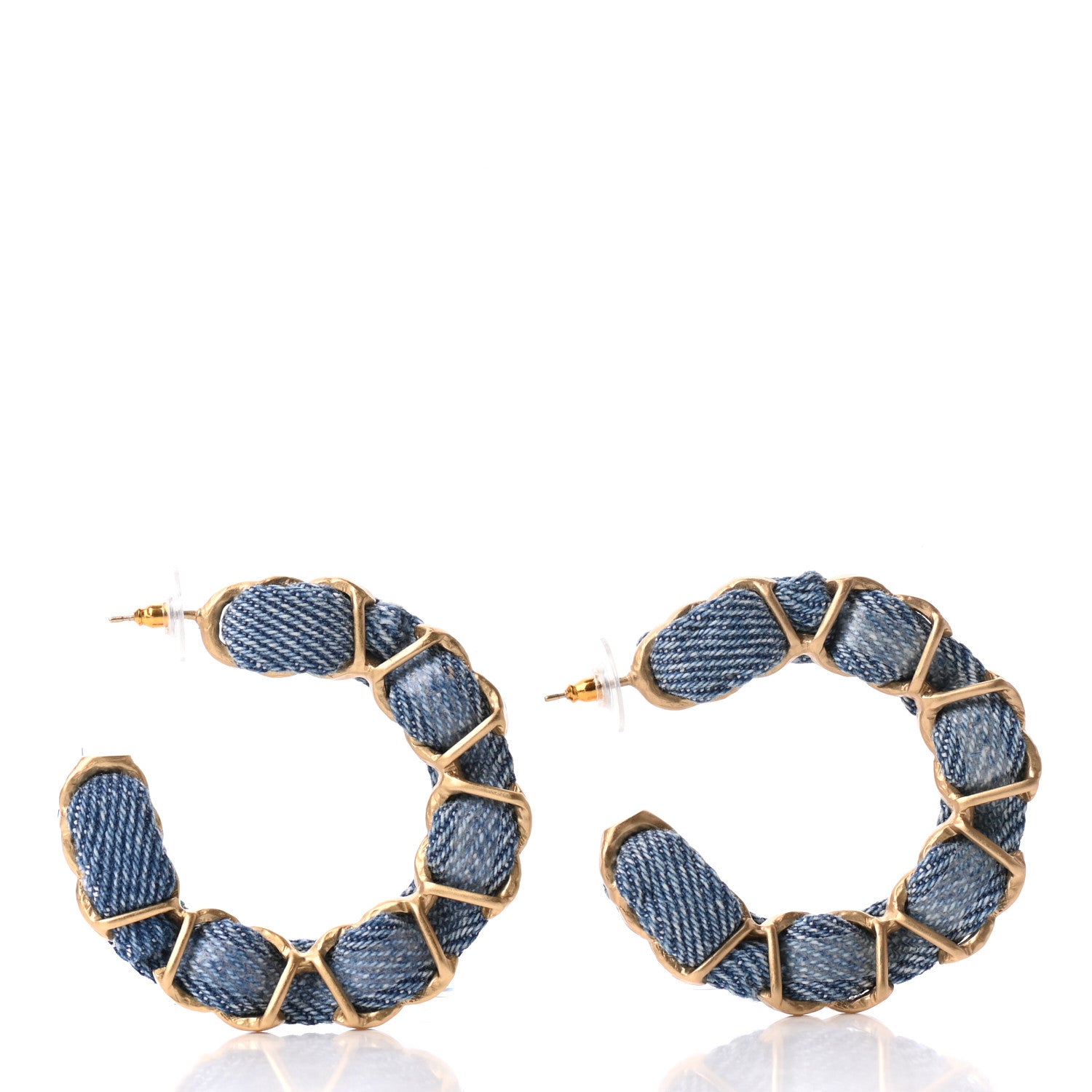 Chanel Denim CC Chain Hoop Earrings Gold Blue 2 of 6