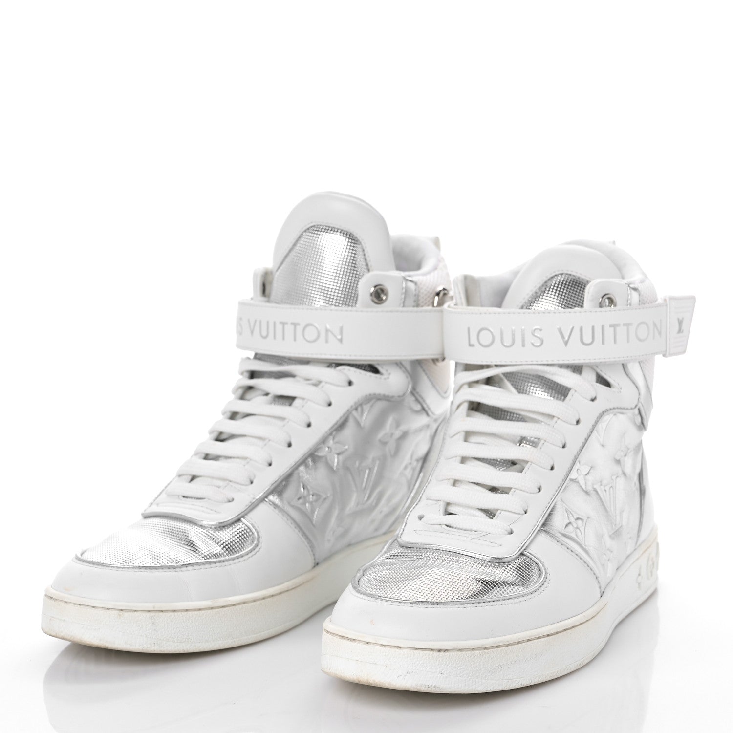 Louis Vuitton Metallic Calfskin Embossed Monogram Boombox Sneakers 38 White Silver 4 of 16