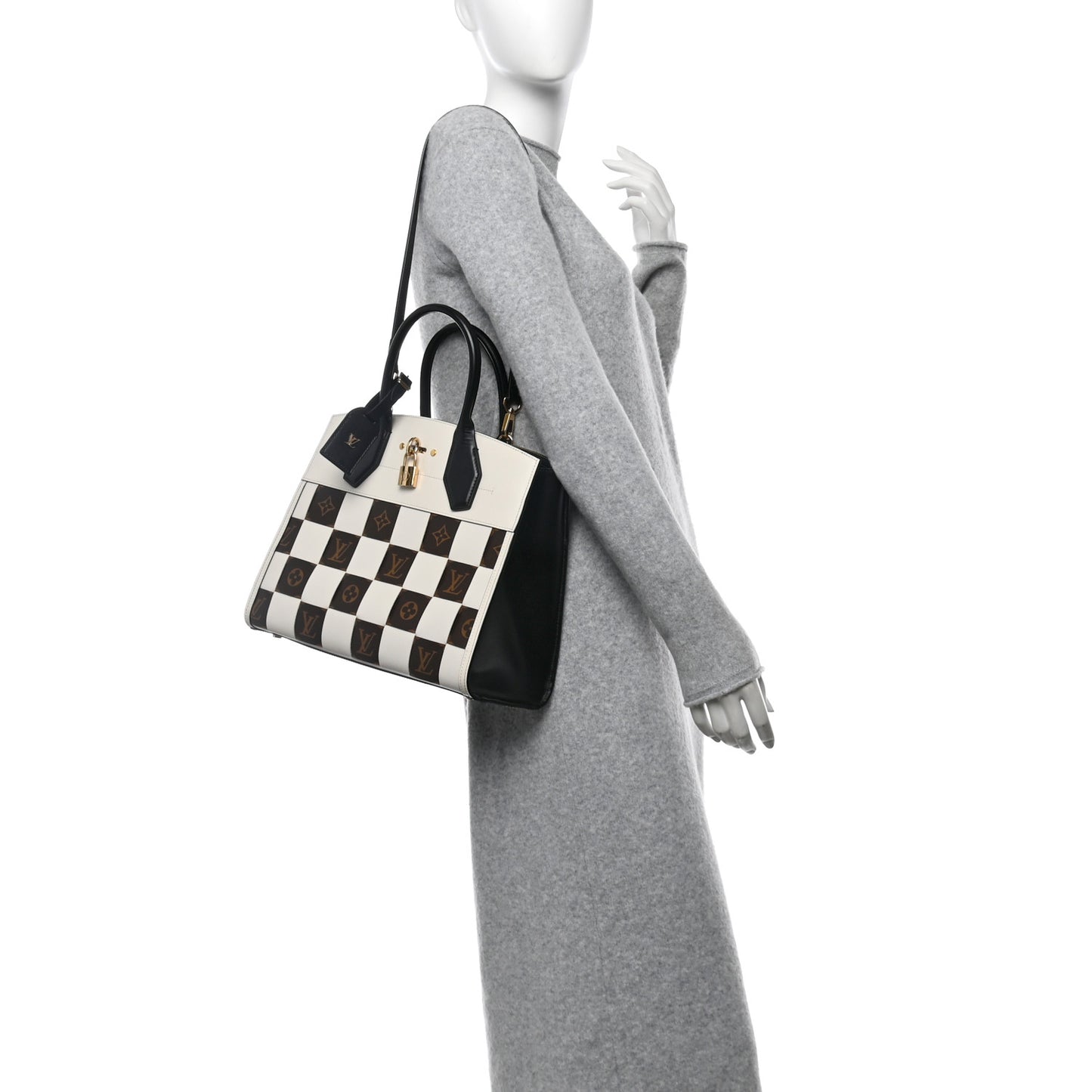 Calfskin Monogram Damier Tressage City Steamer MM Creme