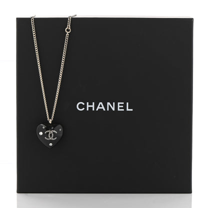 Chanel Resin Crystal CC Heart Necklace Black Gold 6 of 6